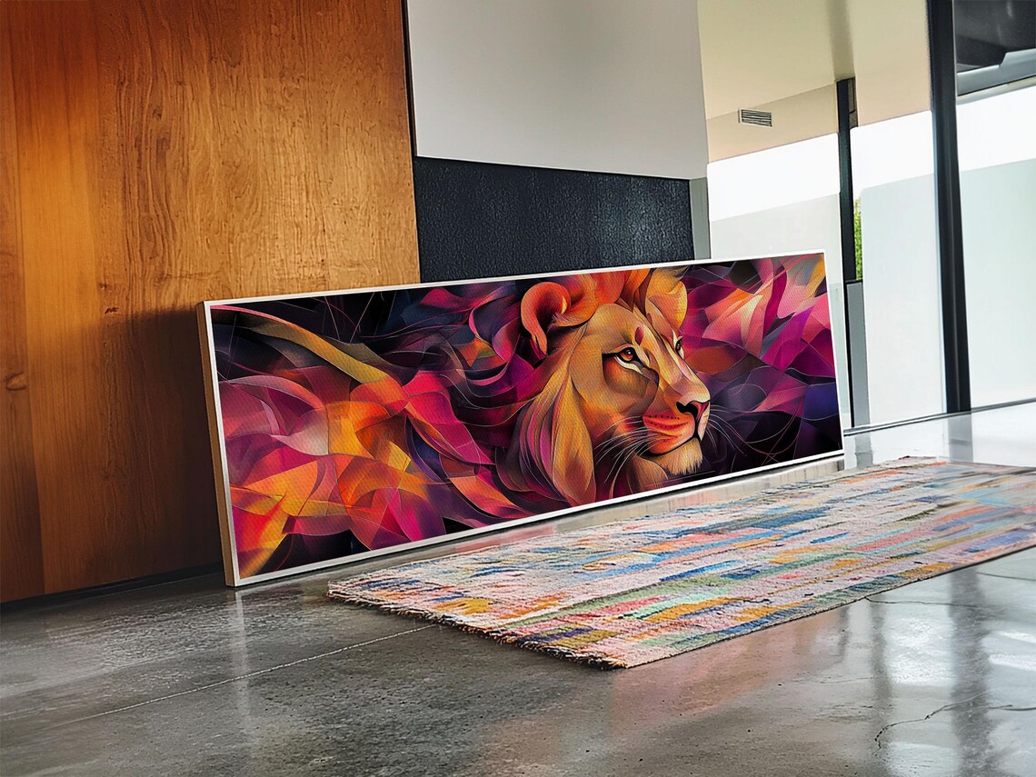 Radiant Lion Profile Magenta Orange Abstract Geometric Panoramic Art Poster - Image 4