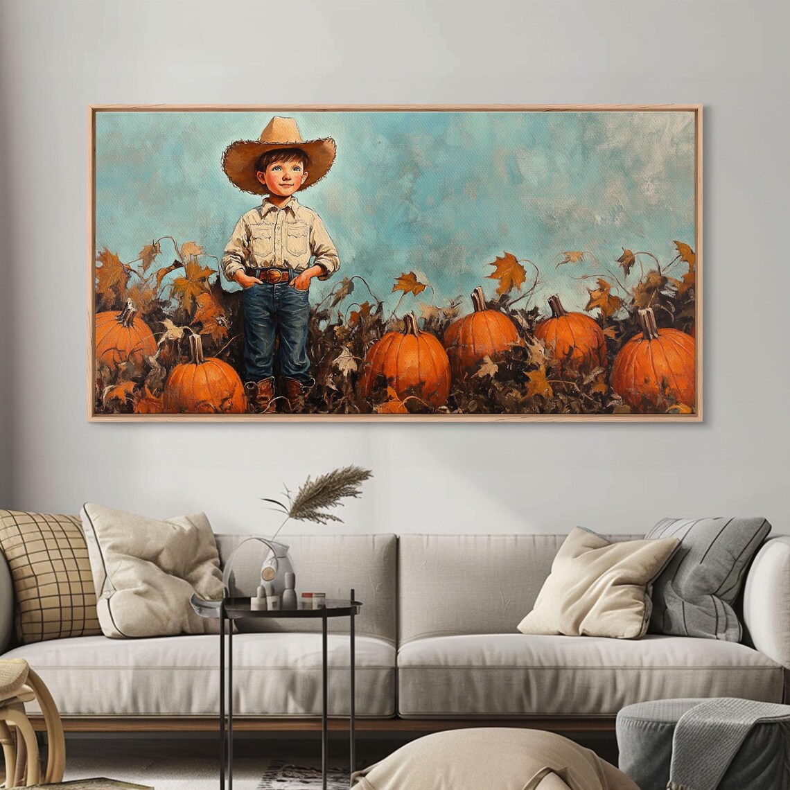 Little Cowboy In Big Hat Standing Among Pumpkins Fall Patch Retro Poster - Image 5