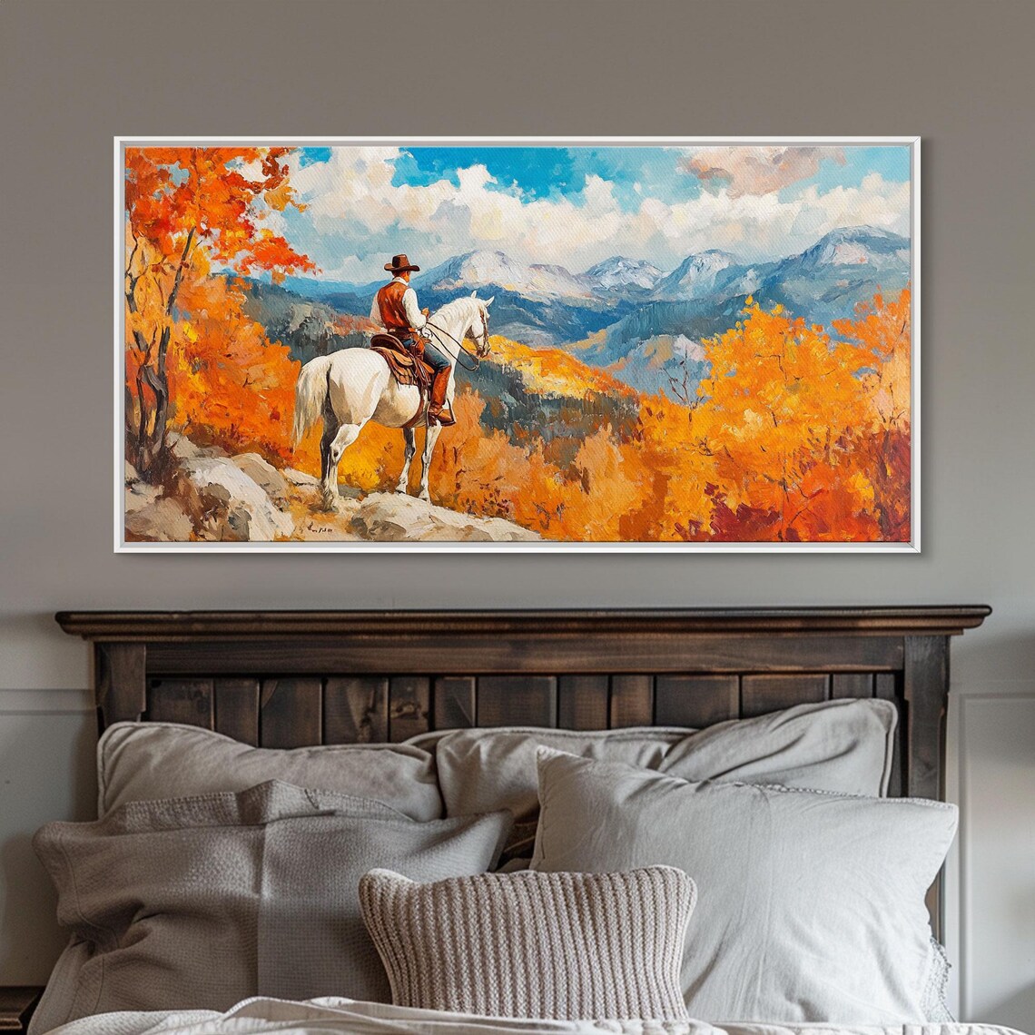 Fall Cowboy Overlooking The Mountains Framed Print Rustic Western Art With Vibrant Fall Tall Framed Print Farmhouse Wall Art - Image 6