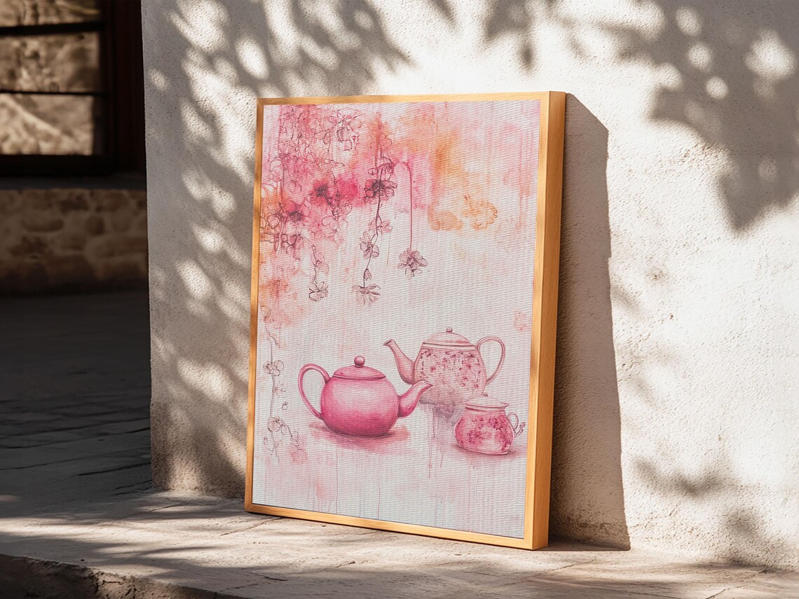 Pink Teapots With Floral Blossoms Watercolor Cozy Tea Wall Art Print - Image 4