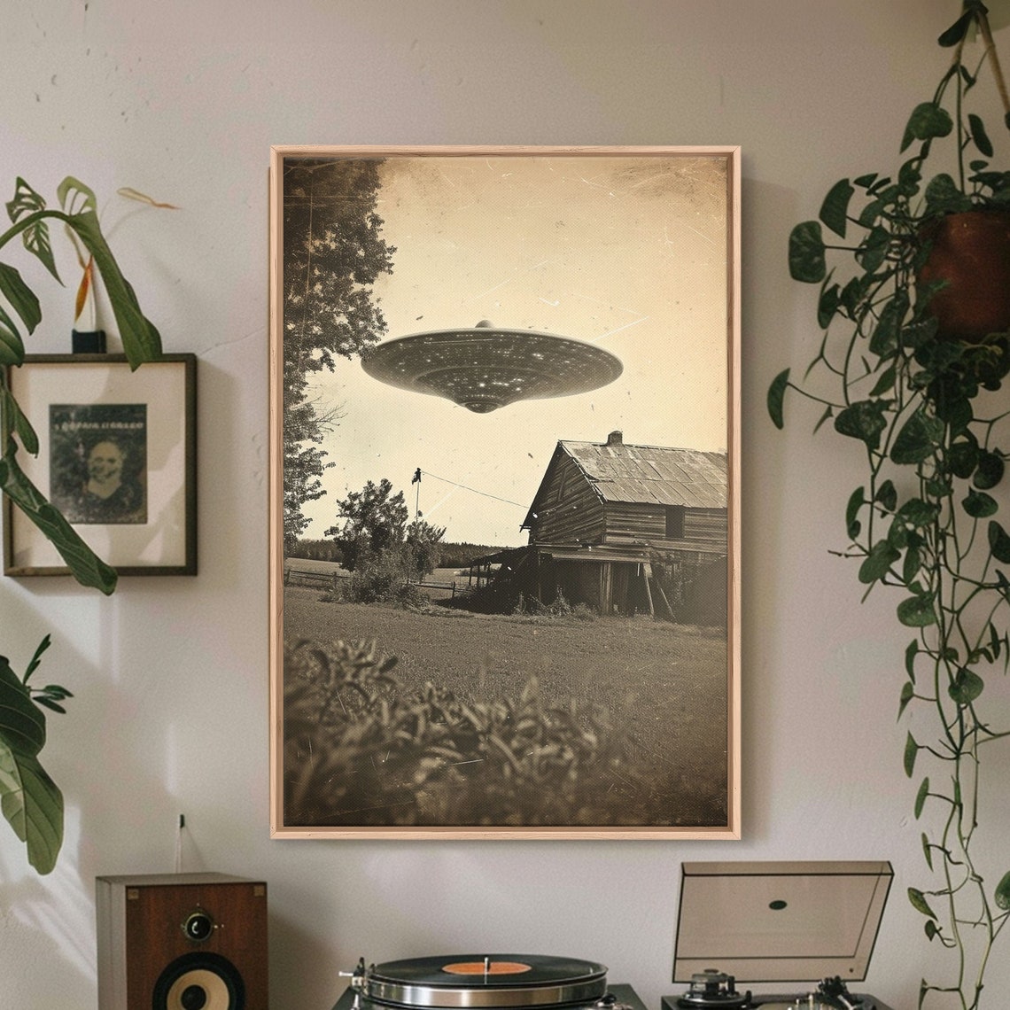 Vintage UFO Flying Saucer Hovering Old Barn Sepia Photo Wall Art - Image 5