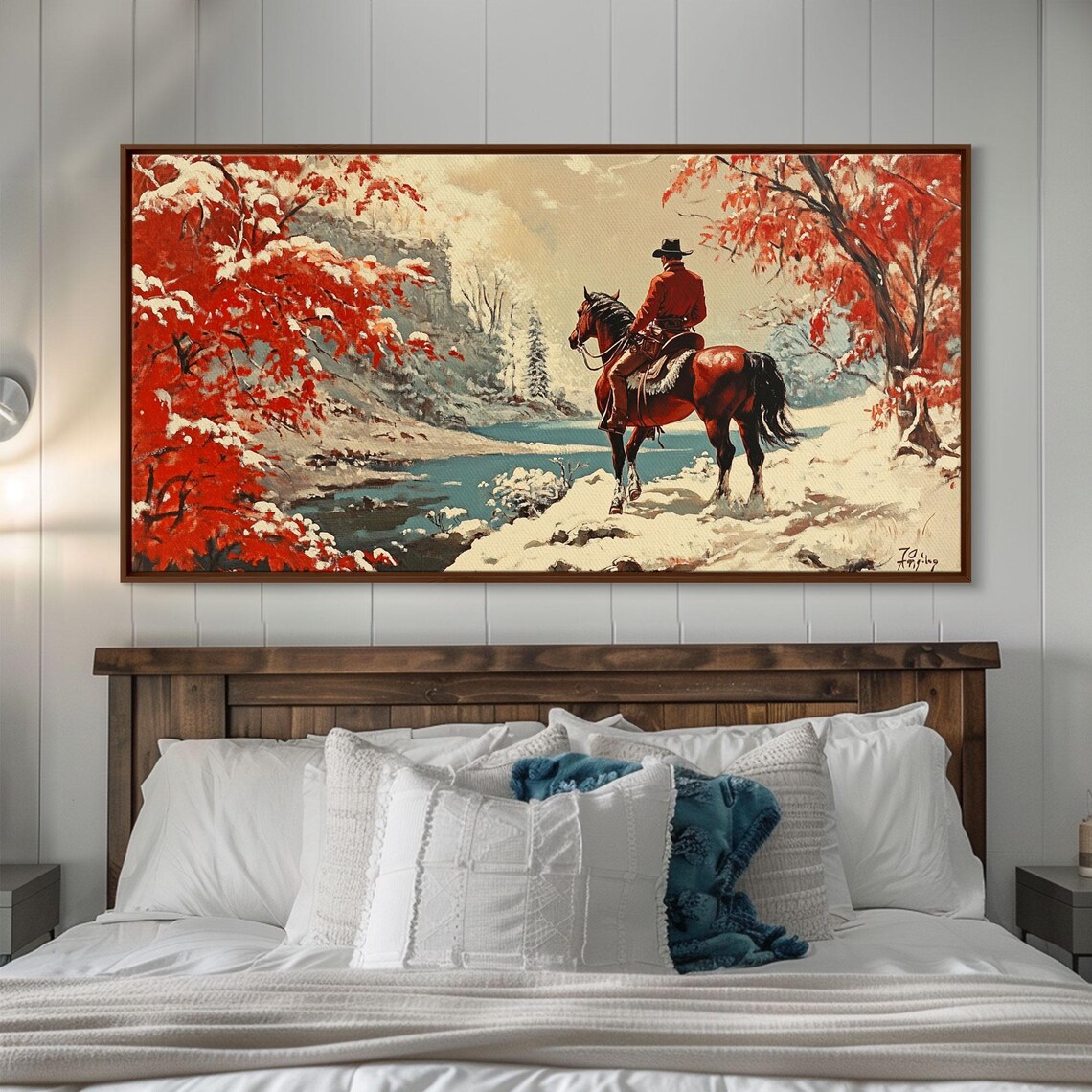 Vintage Cowboy In Red Coat By Snowy River Autumn Leaves Trail Poster - Image 2
