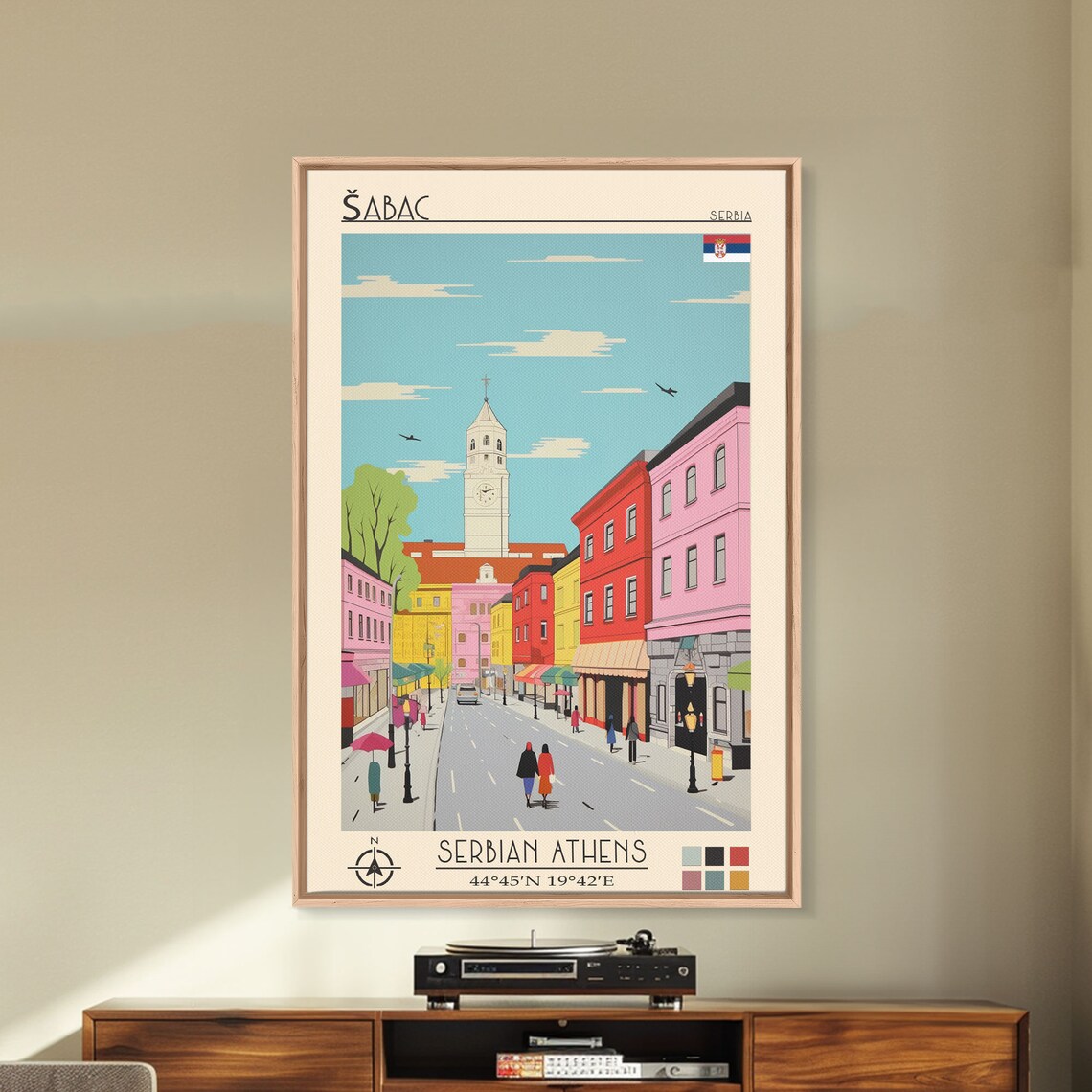 Sabac Serbia Colorful Main Street Clock Tower Midcentury Travel Poster - Image 3