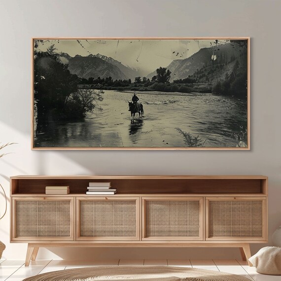 Cowboy Crossing River With Mountains Framed Print For Western Living Room Decor Ideal Bedroom Wall Art Rustic Scene