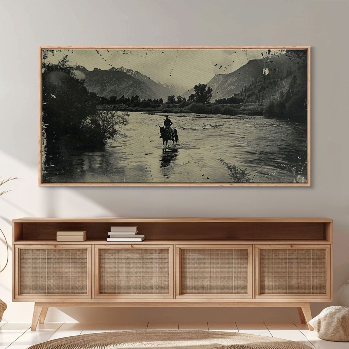 Cowboy Crossing River On Horseback Mountain Valley Sepia Western Print