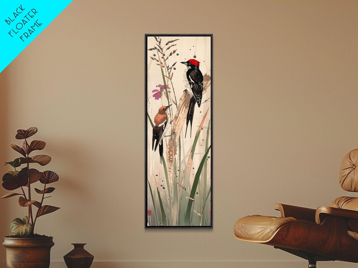 Two Woodpeckers Perched Among Reeds Vintage Japanese Style Wall Art - Image 5