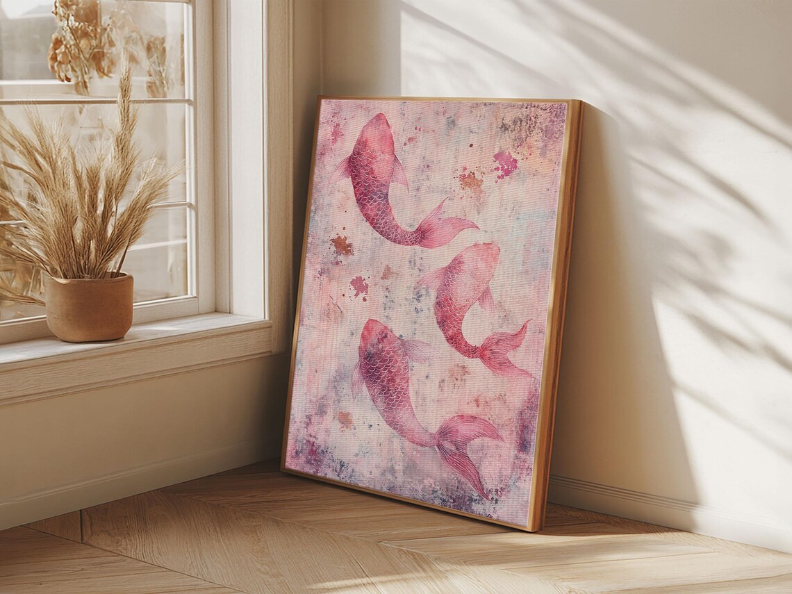 Three Pink Koi Fish Watercolor Artistic Japanese Style Wall Art Print - Image 4
