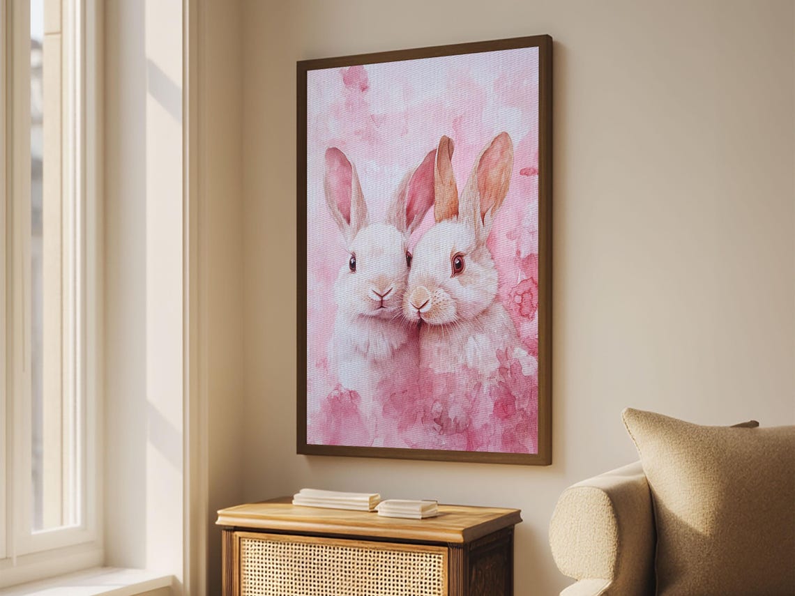 Two White Bunnies Cuddling Sweet Pink Watercolor Animal Wall Art - Image 2