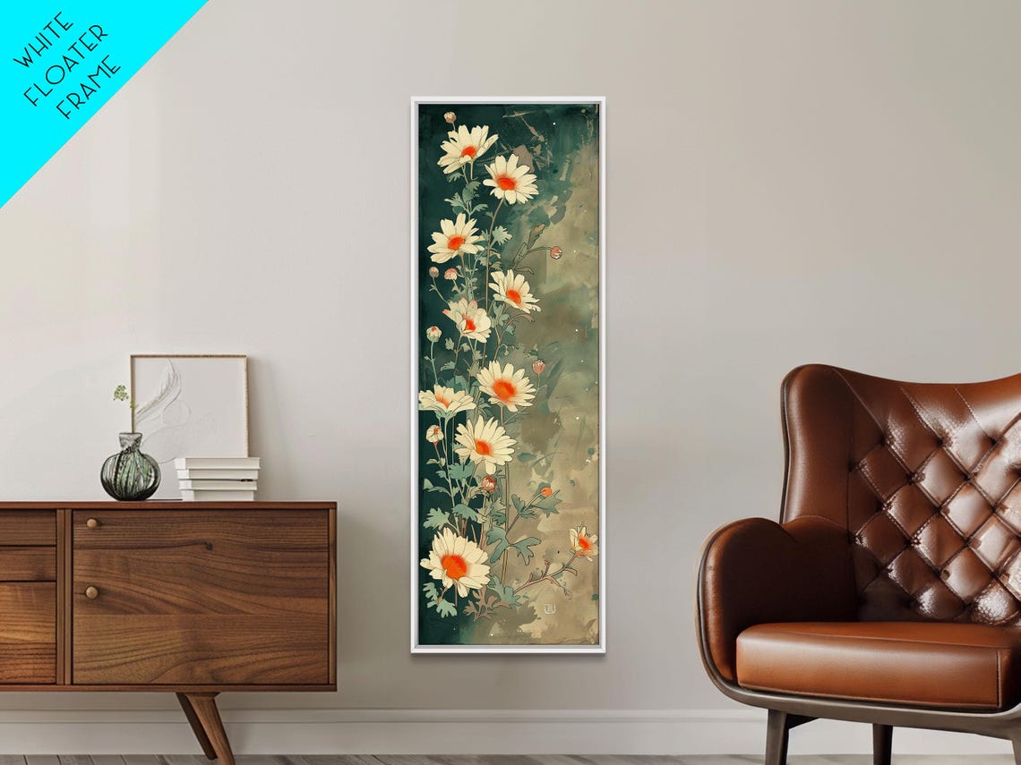 White Daisies With Orange Centers On Deep Teal Ground Art Poster - Image 4