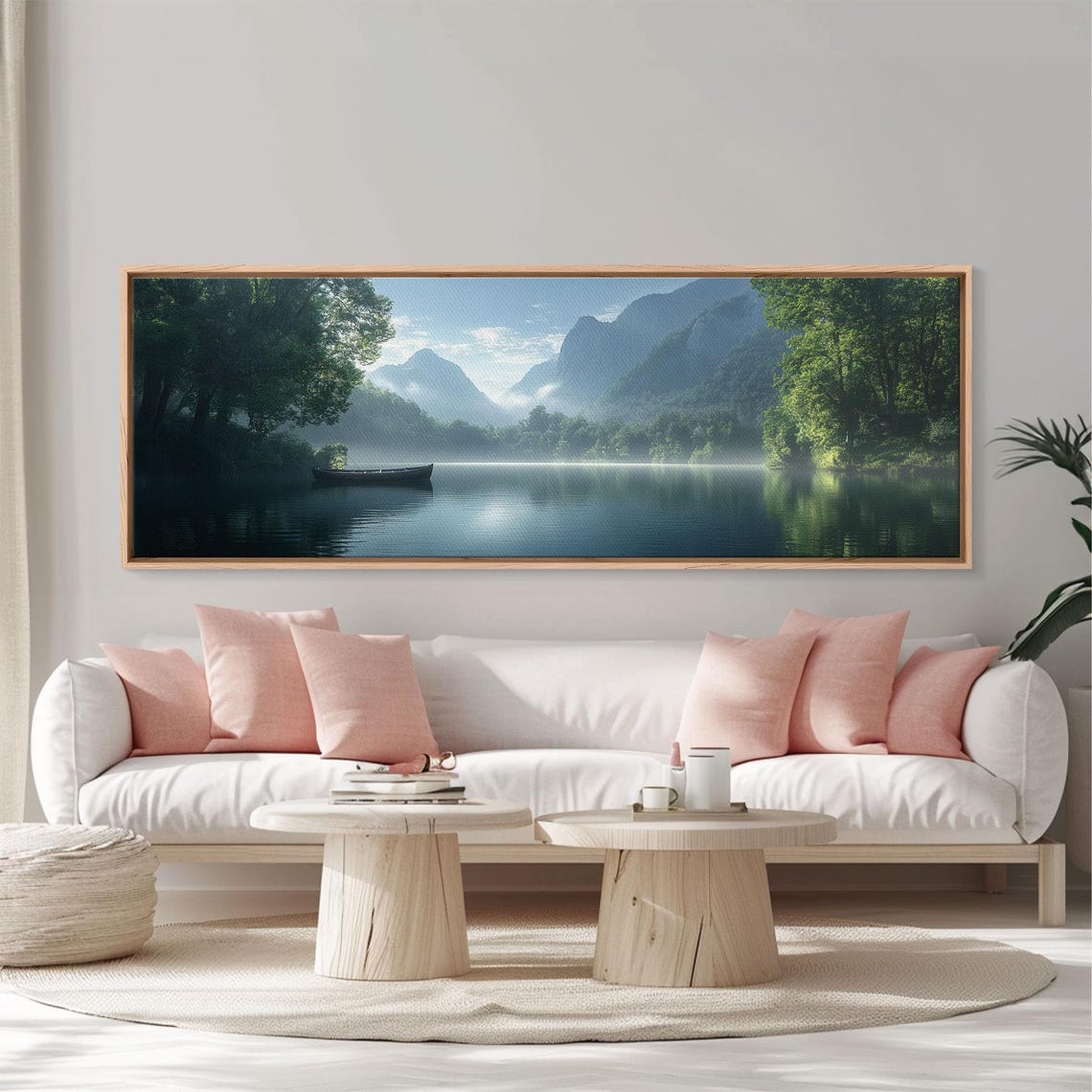 Canoe On Misty Lake Mountain Morning Fog Pines Panoramic Travel Poster - Image 6
