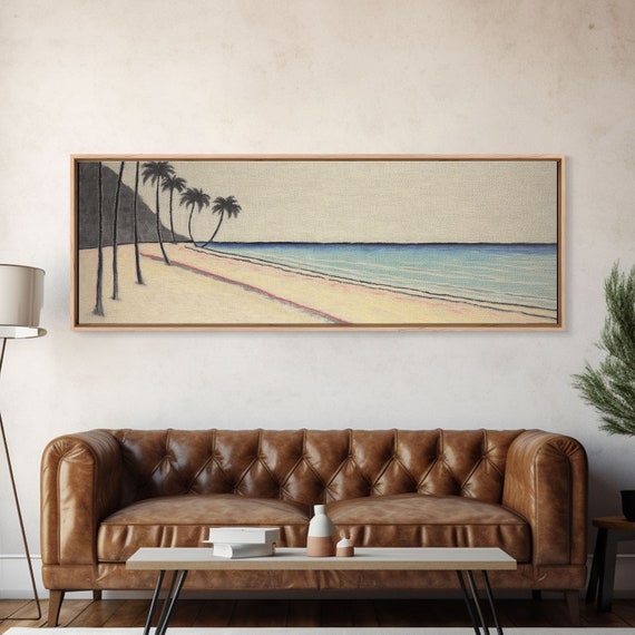Minimalist Beach Art Print Seashore Shoreline Ocean Plam Trees Tropical Beach Wall Decor Panoramic Wall Art Print