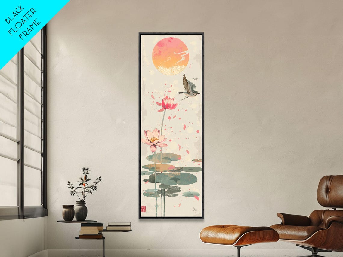 Pink Lotus Flowers Bird Red Sun Lily Pads Japanese Art Poster - Image 6