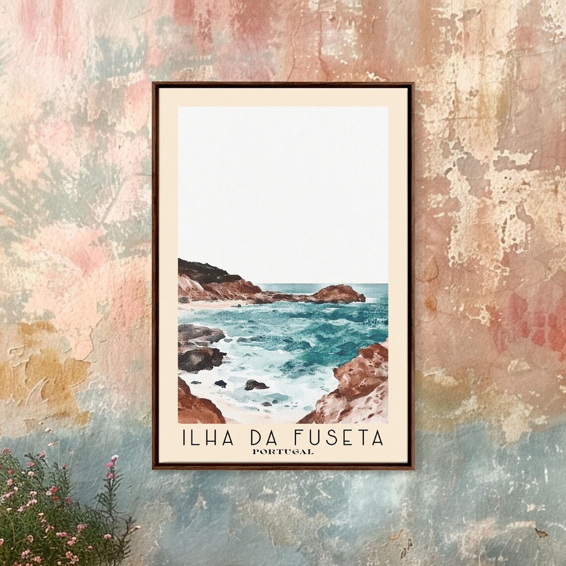 Ilha Da Fuseta Portugal Red Rocky Cove Turquoise Surf Watercolor Art Poster - Image 4
