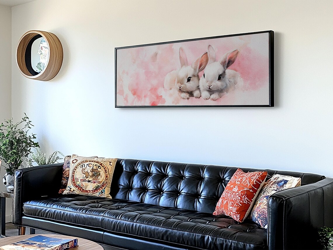 Adorable White Bunny Pair Pink Watercolor Nursery Animal Wall Art - Image 3