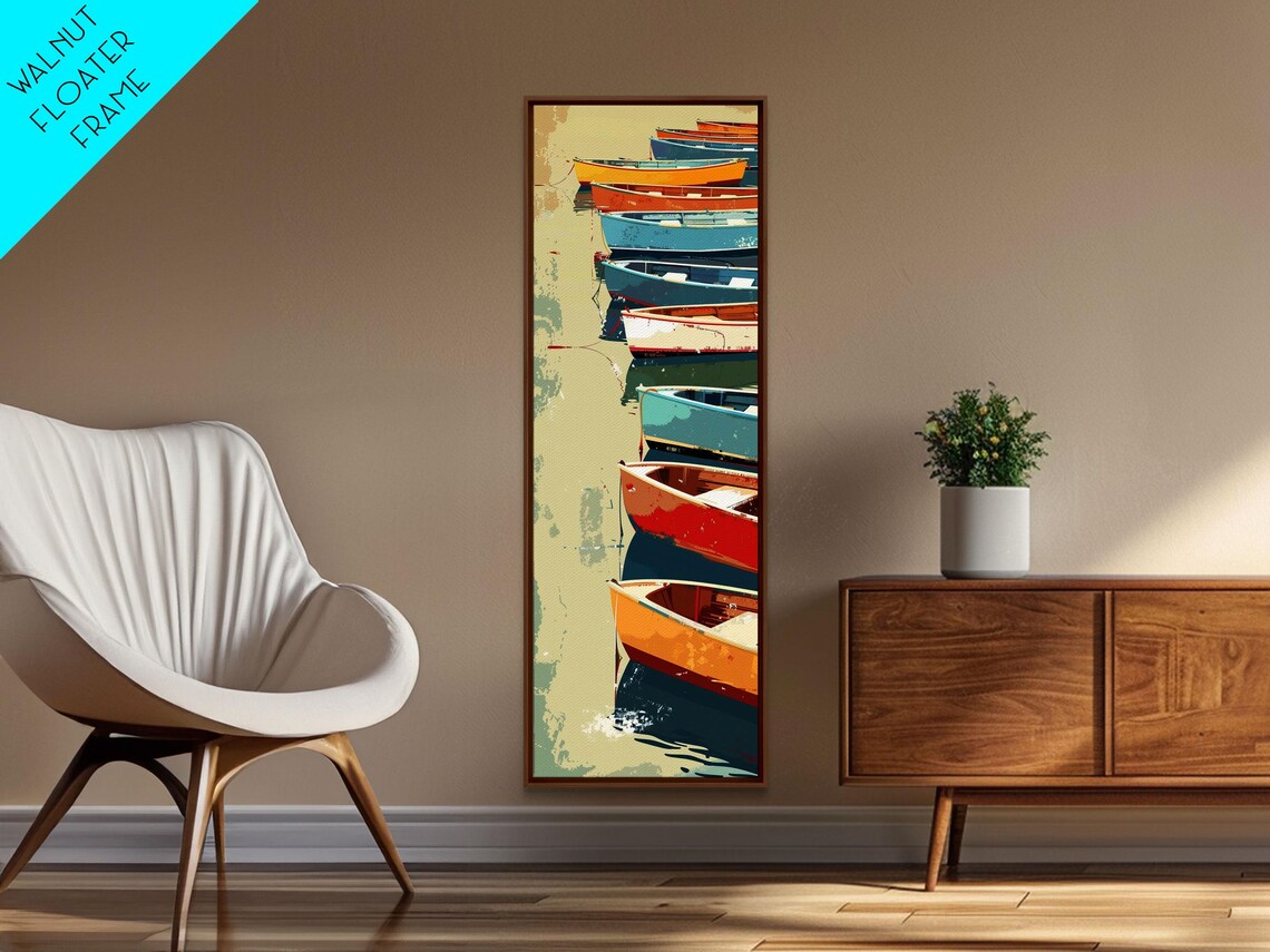 Row Of Colorful Boats On Calm Water Reflections Nautical Tall Wall Art - Image 3