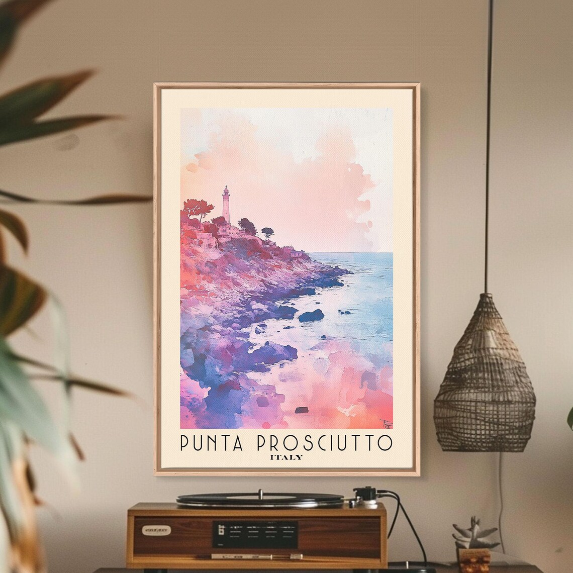 Punta Prosciutto Italy Lighthouse Rocky Headland Pink Sunset Coast Watercolor Poster - Image 2