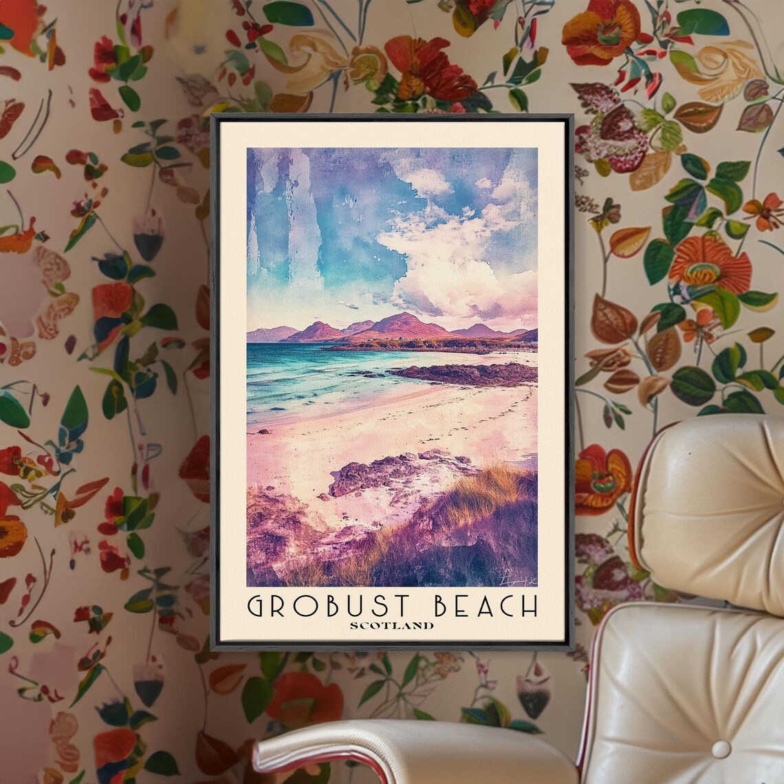 Grobust Beach Scotland Pink Sand Dunes Turquoise Sea Watercolor Poster - Image 2