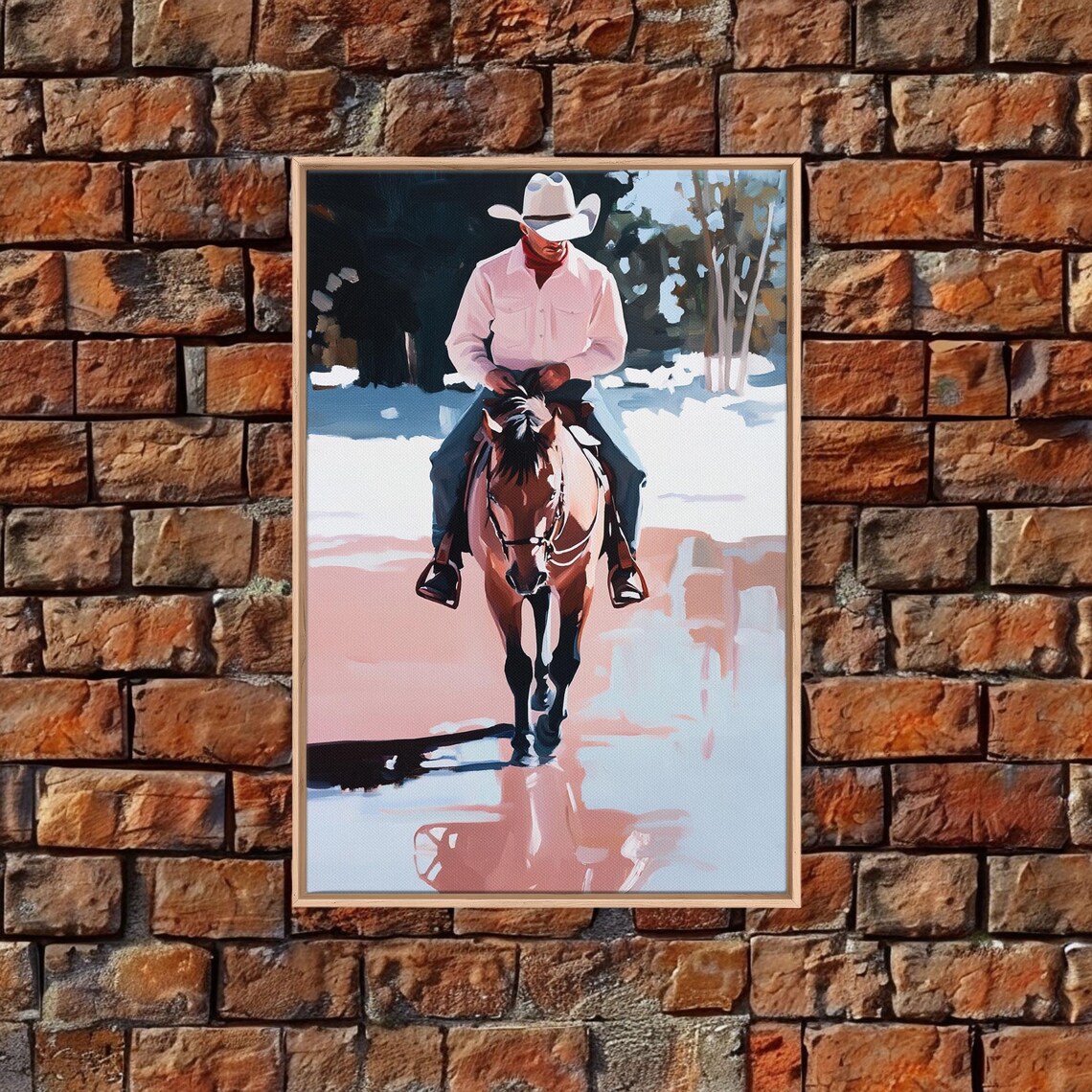 Cowboy Riding Horse Through Snowy Icy Creek Winter Morning Art Poster - Image 3