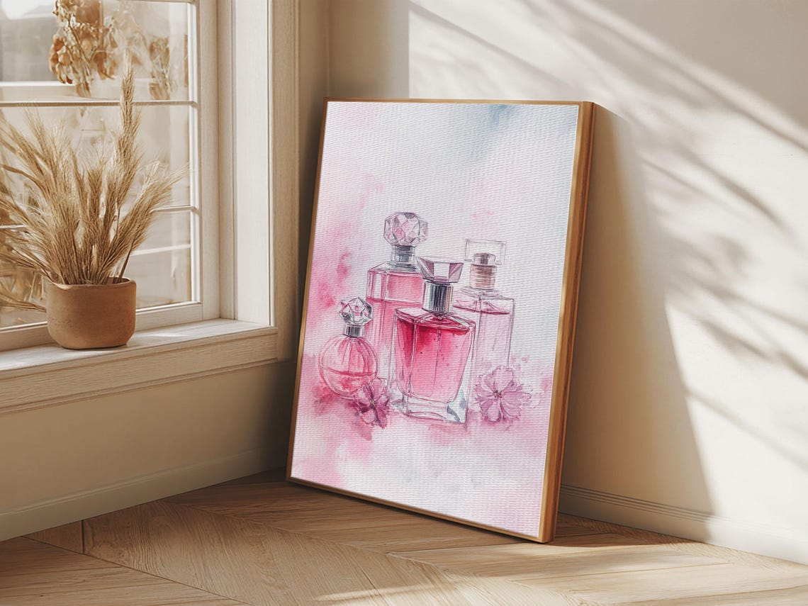 Pink Perfume Bottles Watercolor Feminine Vanity Glam Beauty Wall Art - Image 2