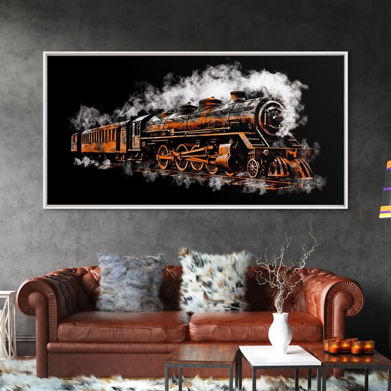 Locomotive Wall Decor Orange Steam Train Wall Art Retro Train Wall Art Panoramic Wall Decor Print Wall Art Framed Art