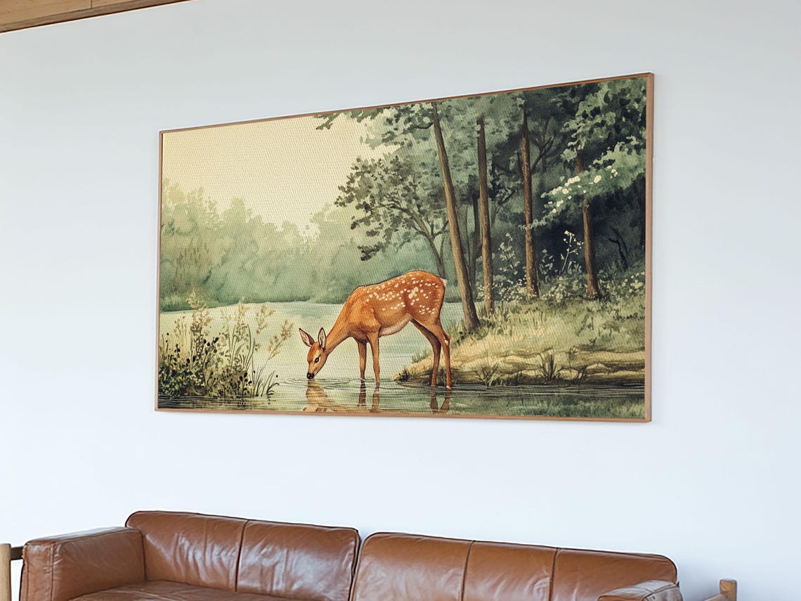 Deer Drinking At Forest Lake Misty Woods Watercolor Painting Print - Image 6