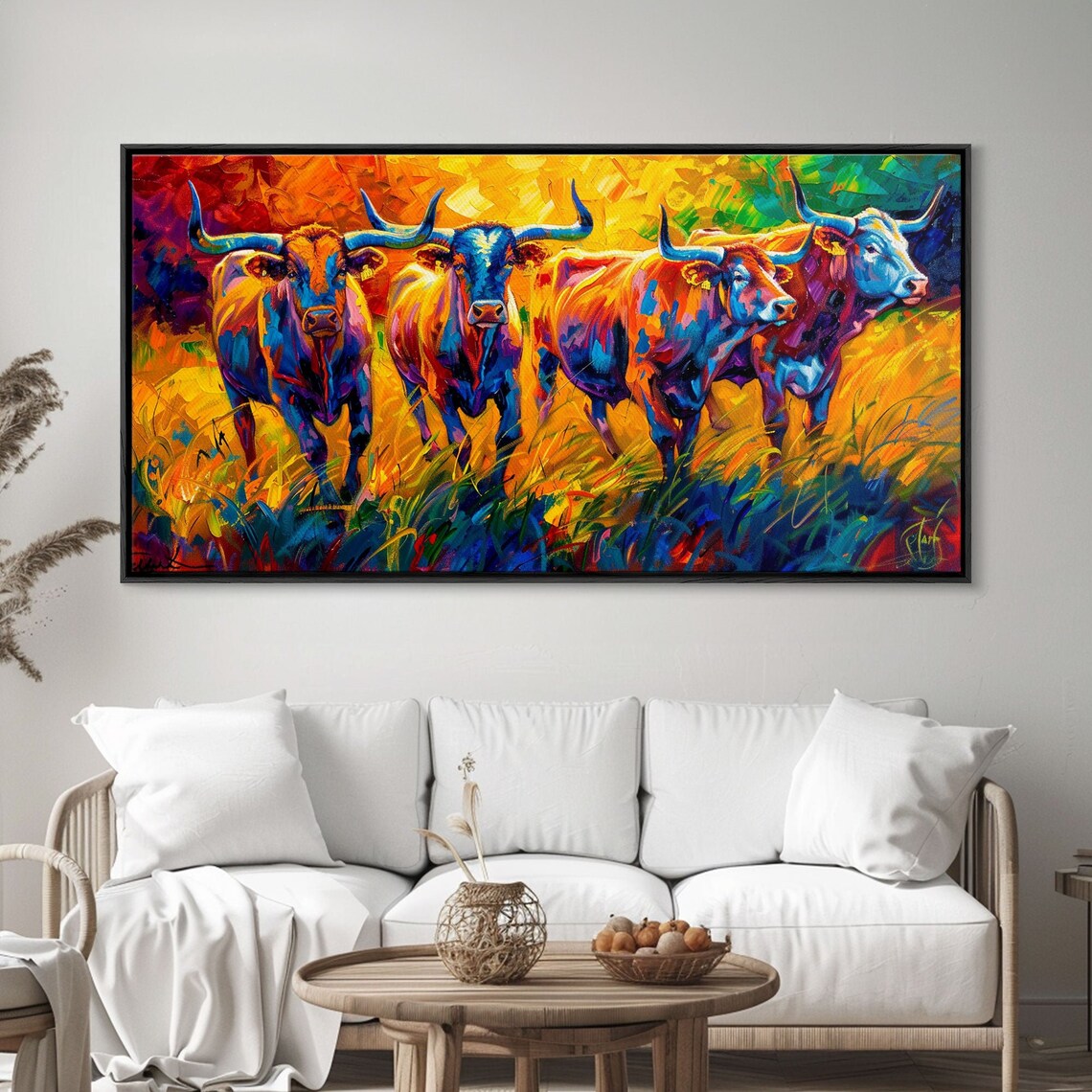 Longhorn Cattle Herd Walking In Golden Grass Fiery Impasto Art Poster