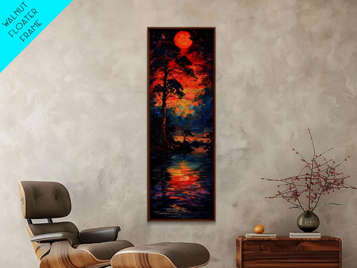 Sunset Over Lake With Lone Pine Tree Impasto Colorful Evening Poster - Image 2
