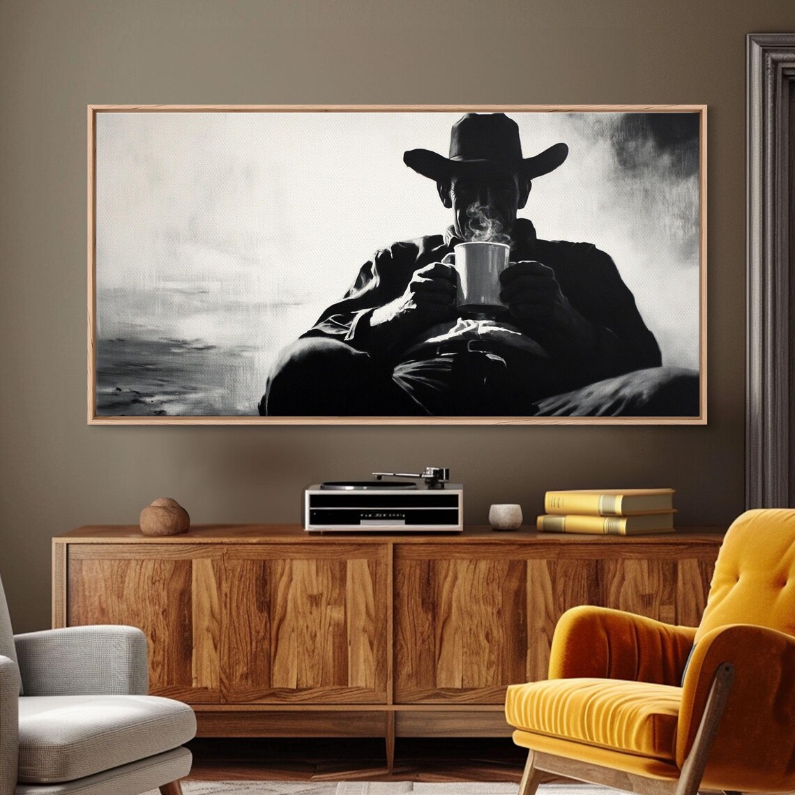 Cowboy Drinking Coffee, Rustic Autumn Poster Print
