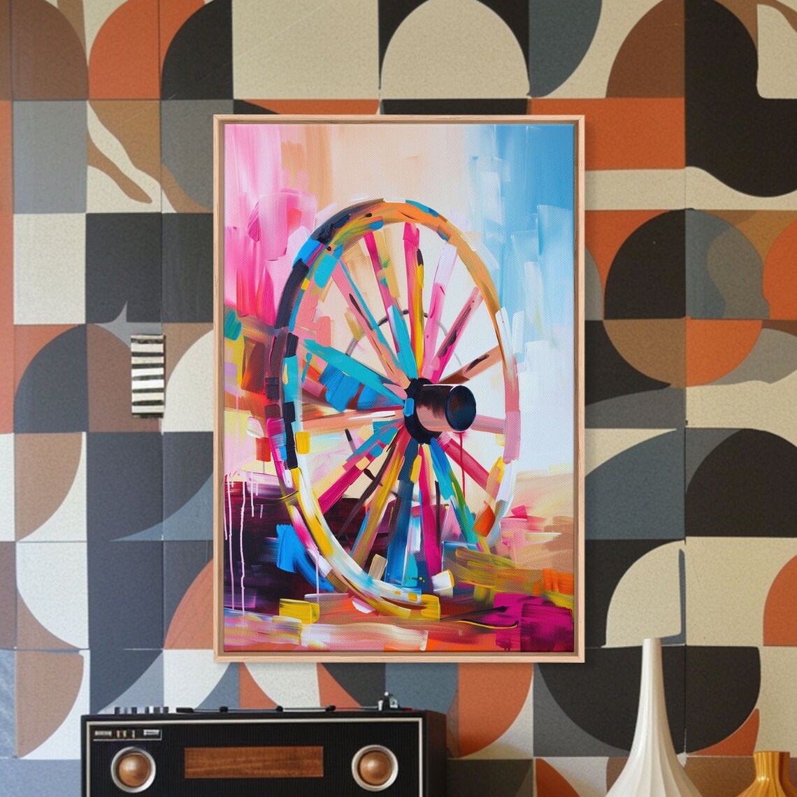 Rainbow Wagon Wheel Colorful Abstract Western Farm Wheel Art Poster