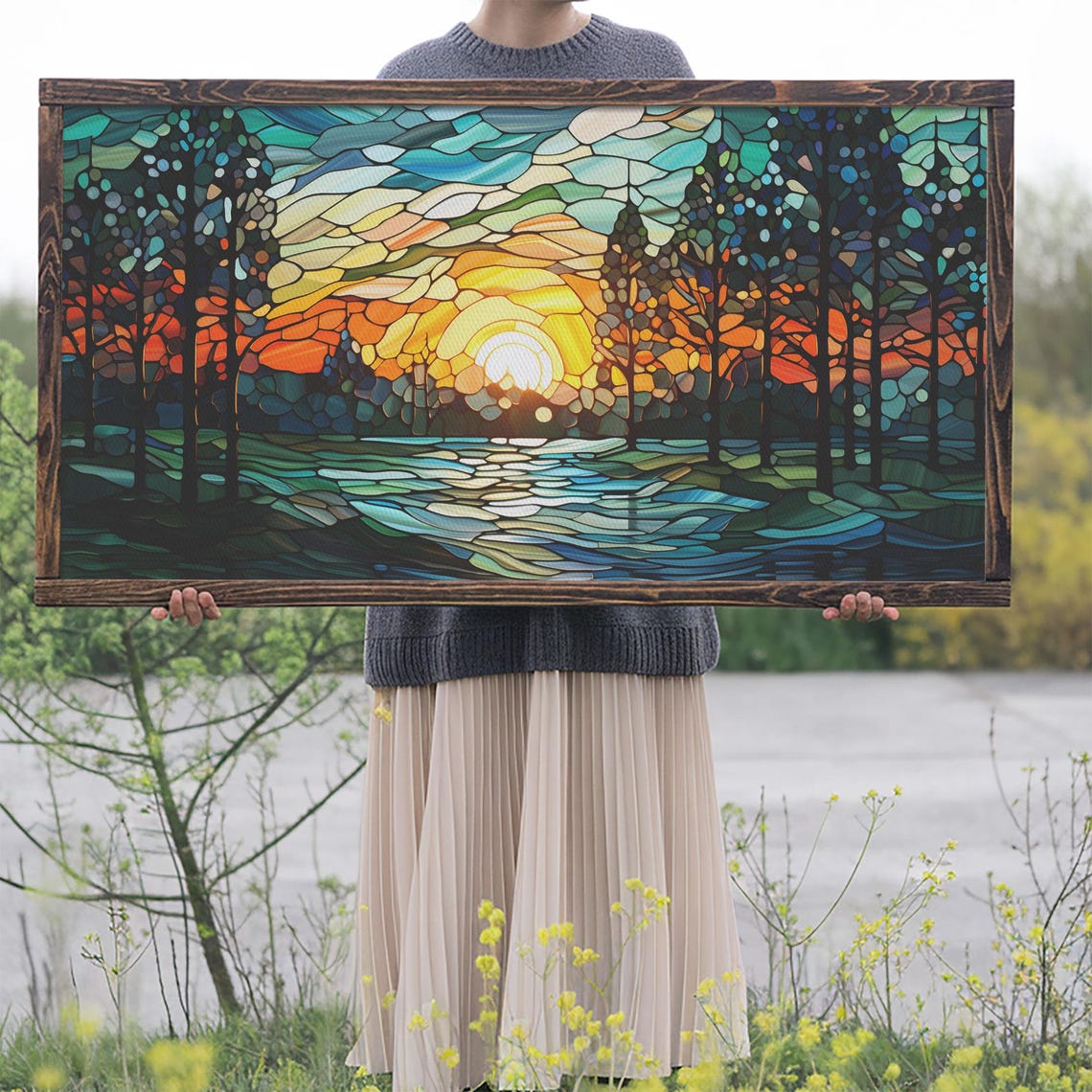 Stained Glass Mosaic Forest Sunset River Panoramic Landscape Poster - Image 2
