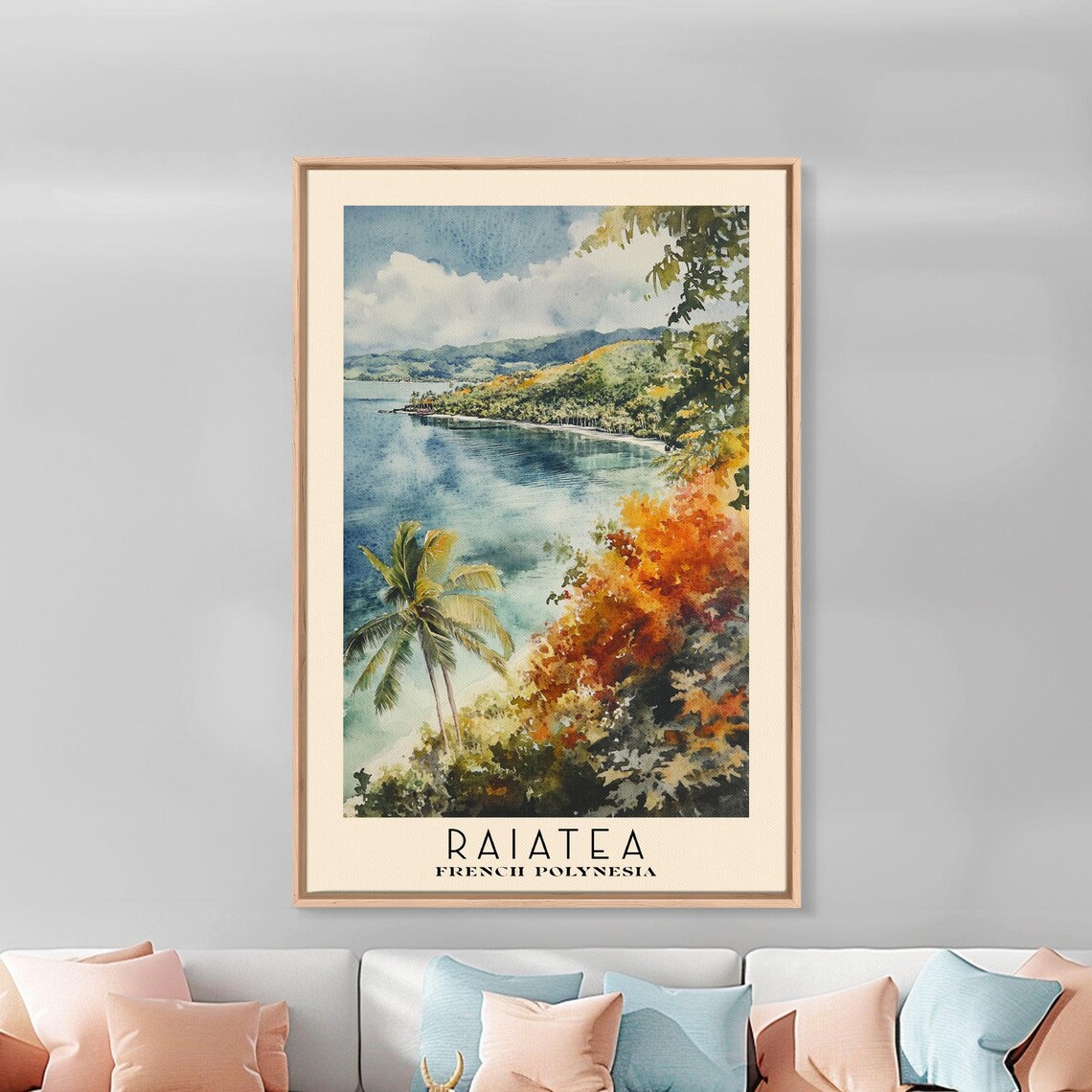 Raiatea French Polynesia Tropical Lagoon Hillside View Palm Trees Watercolor Poster - Image 3