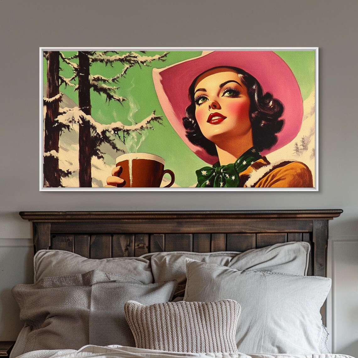 Retro 1950s Pinup Cowgirl With Cocoa Mug Snowy Pines Vintage Poster - Image 2
