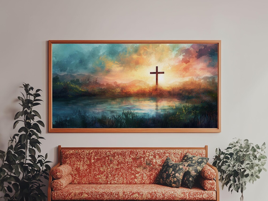 Christian Cross Silhouette Colorful Lake Sunset Peaceful Faith Wall Poster - Image 5
