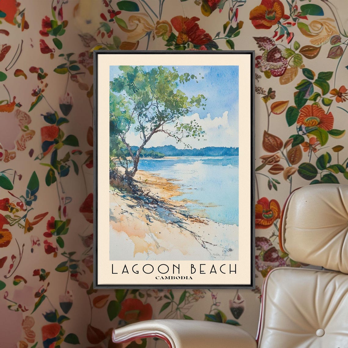 Lagoon Beach Cambodia Leaning Tree Calm Shore Watercolor Poster - Image 2