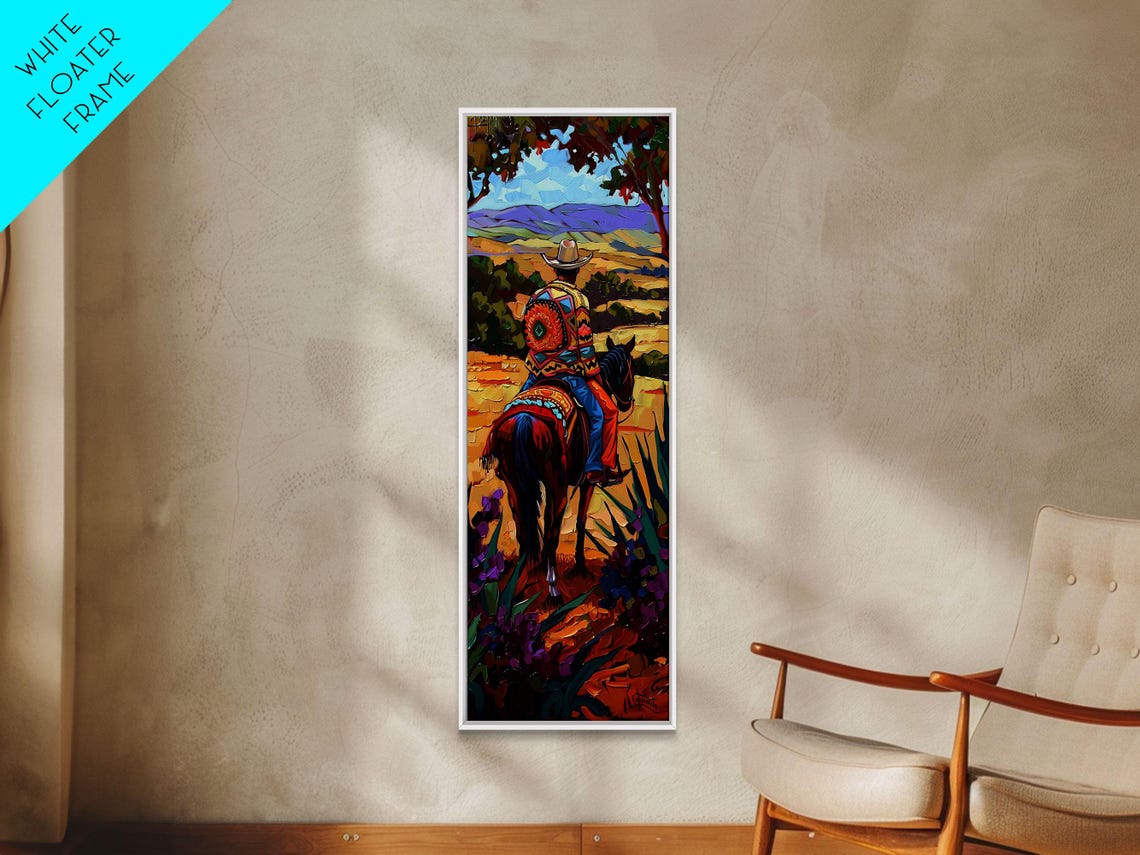 Long Narrow Wall Art Painting Of Jalisco Cowboy Southwest Wall Art Painting Colorful Desert Painting Framed And Printed Office Art - Image 4