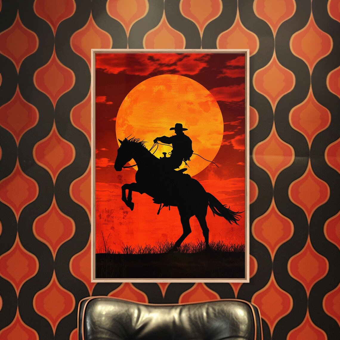 Cowboy Silhouette Rearing Horse Giant Orange Sunset Wall Art - Image 3