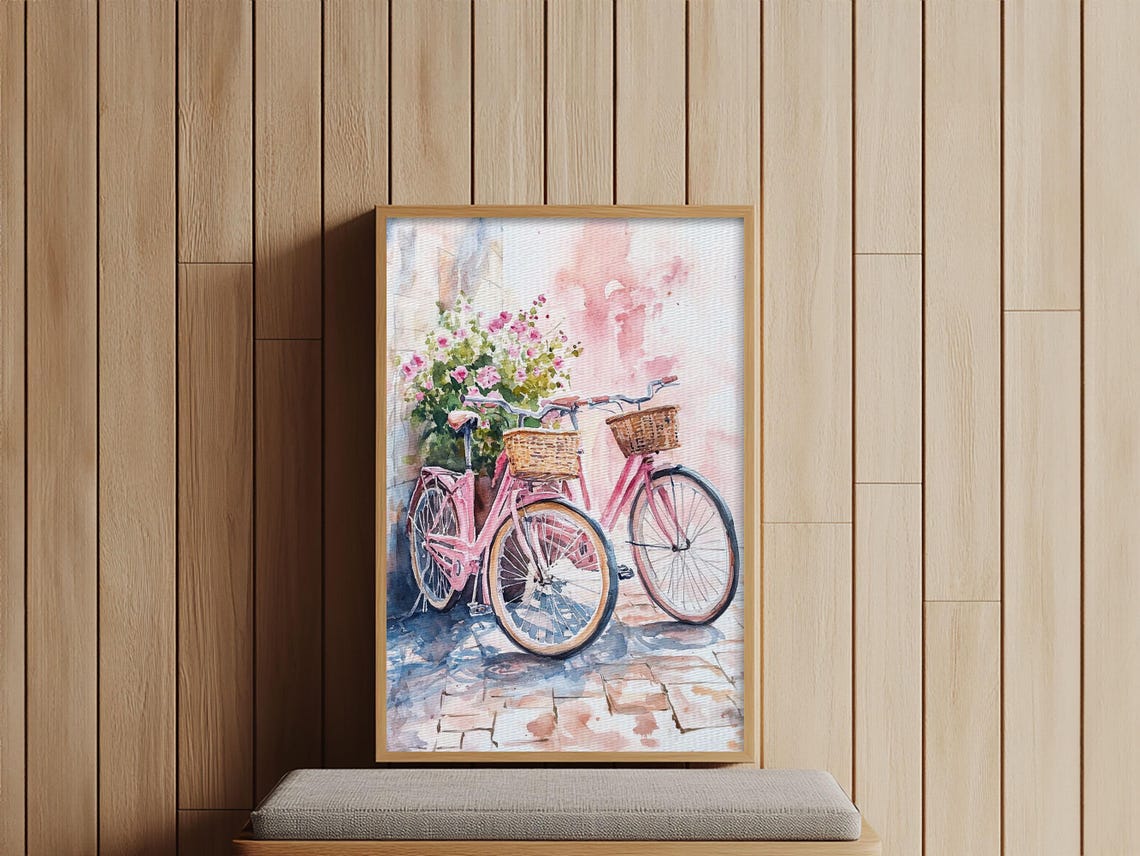 Two Pink Bicycles With Flower Baskets Watercolor Wall Art Print - Image 5