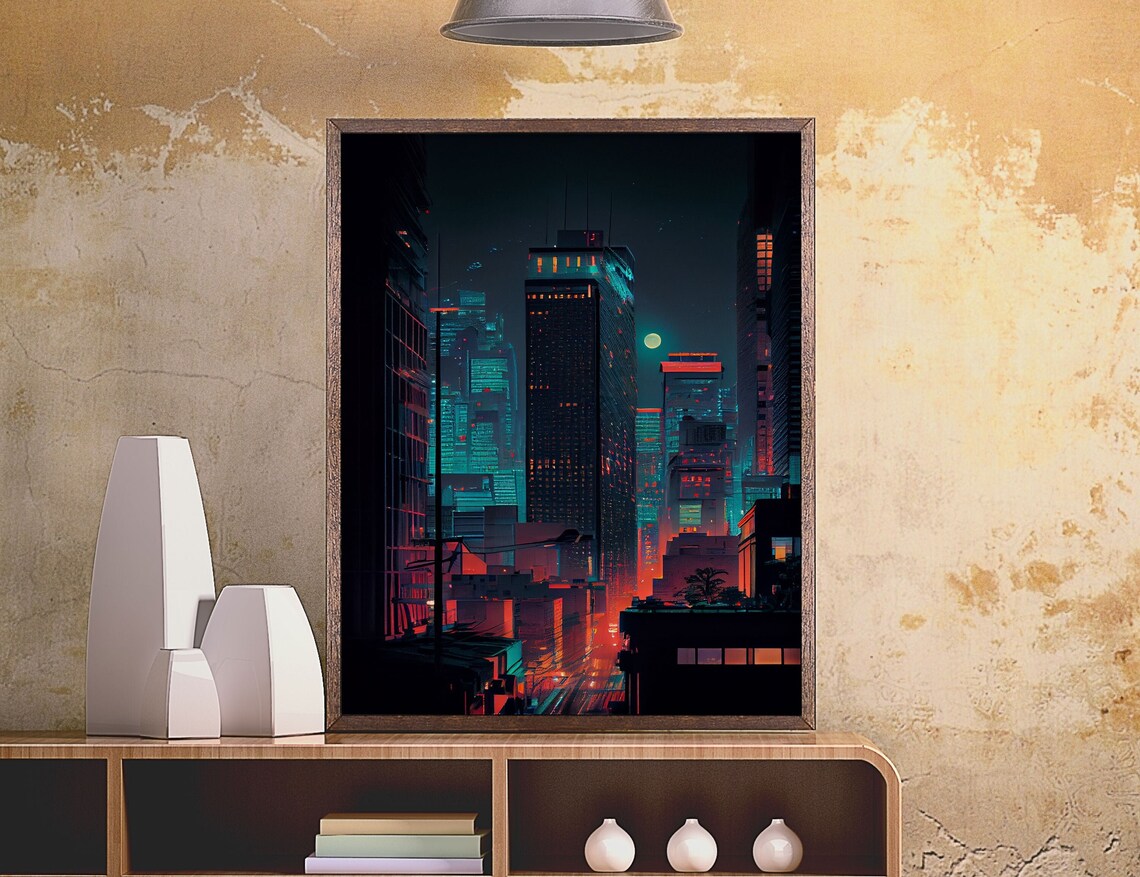 Night Cityscape Skyscrapers Dark Art Print - Image 2