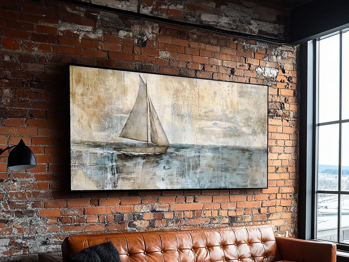 Minimalist Sailboat Calm Sea Neutral Beige Blue Abstract Art Print - Image 5