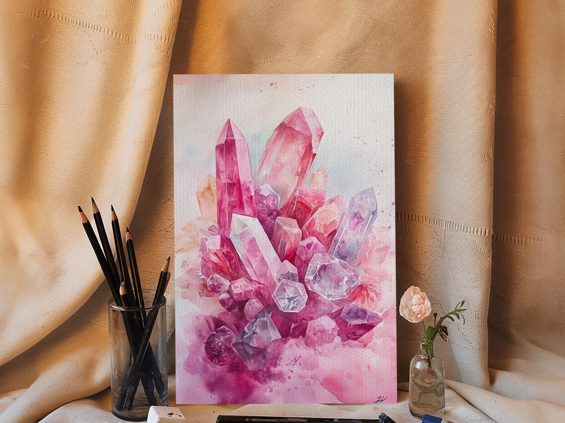Pink Crystal Cluster Watercolor Gemstone Healing Spiritual Wall Art - Image 6