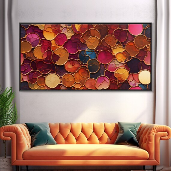 Warm Abstract Mosaic Glowing Circles Copper Outlines Red Gold Modern Wall Art Poster