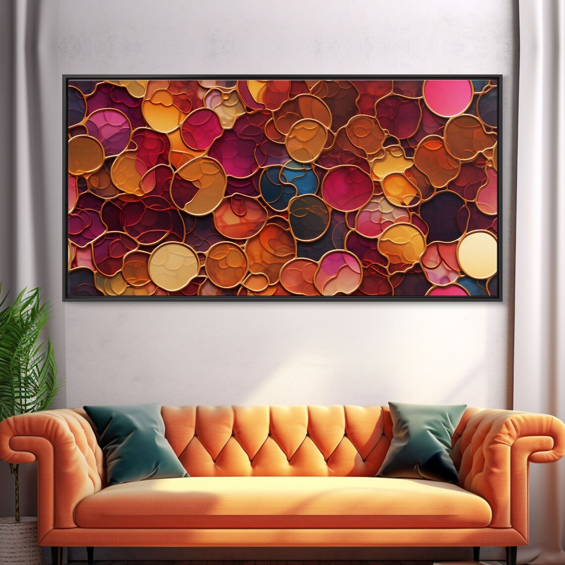 Warm Abstract Mosaic Glowing Circles Copper Outlines Red Gold Modern Wall Art Poster