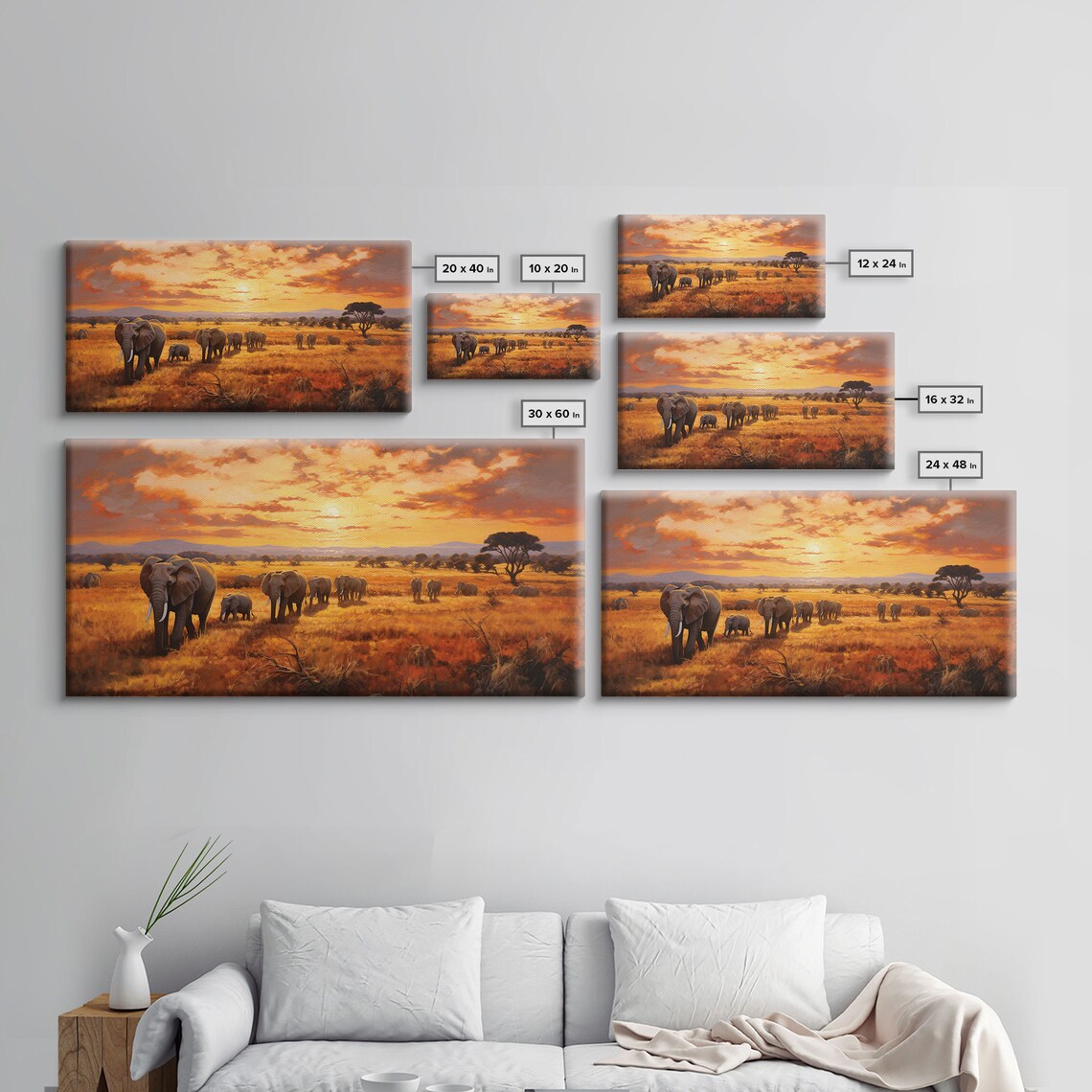African Elephants Herd Savanna Sunset Acacia Tree Golden Safari Wildlife Wall Art Print - Image 2