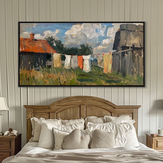Clothesline With Rustic Farmhouse Framed Print Farmhouse Style Living Room Art Country Decor Vintage Scene