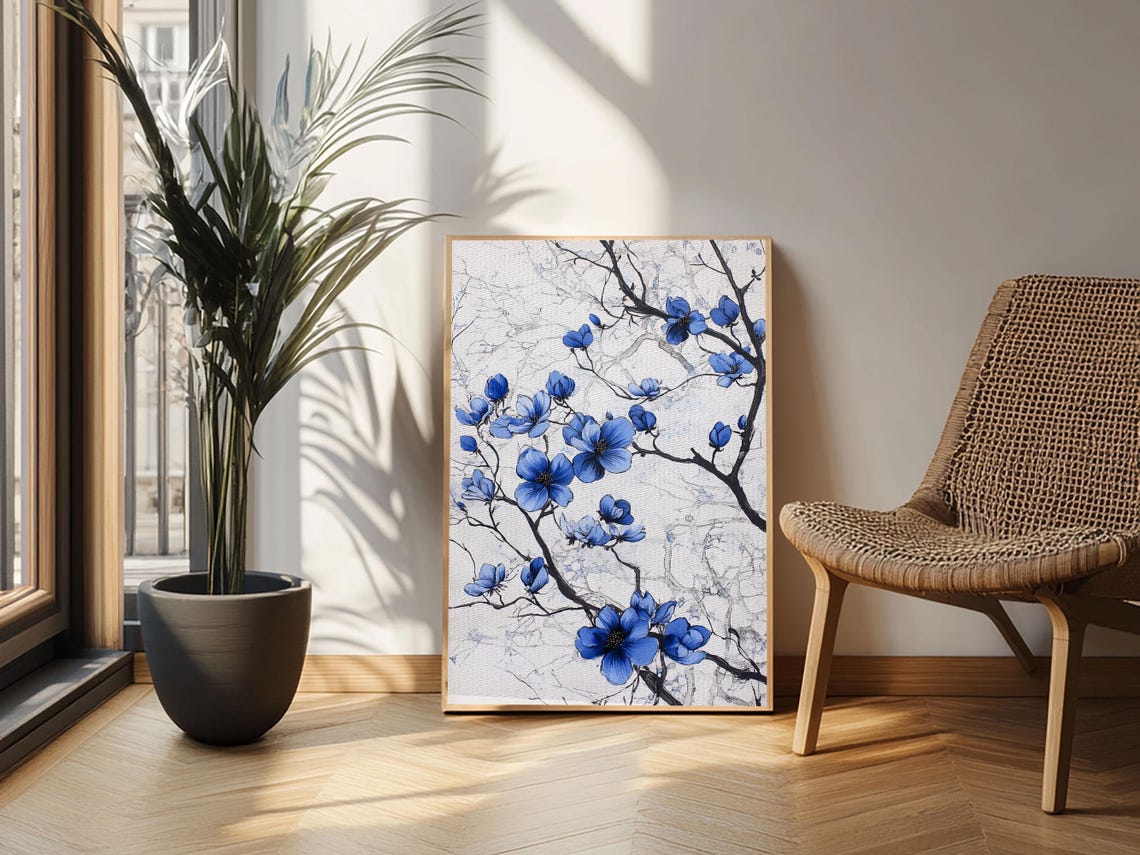Blue Blossom Branches Wabi Sabi Japanese Floral Ink Marble Art Poster - Image 5