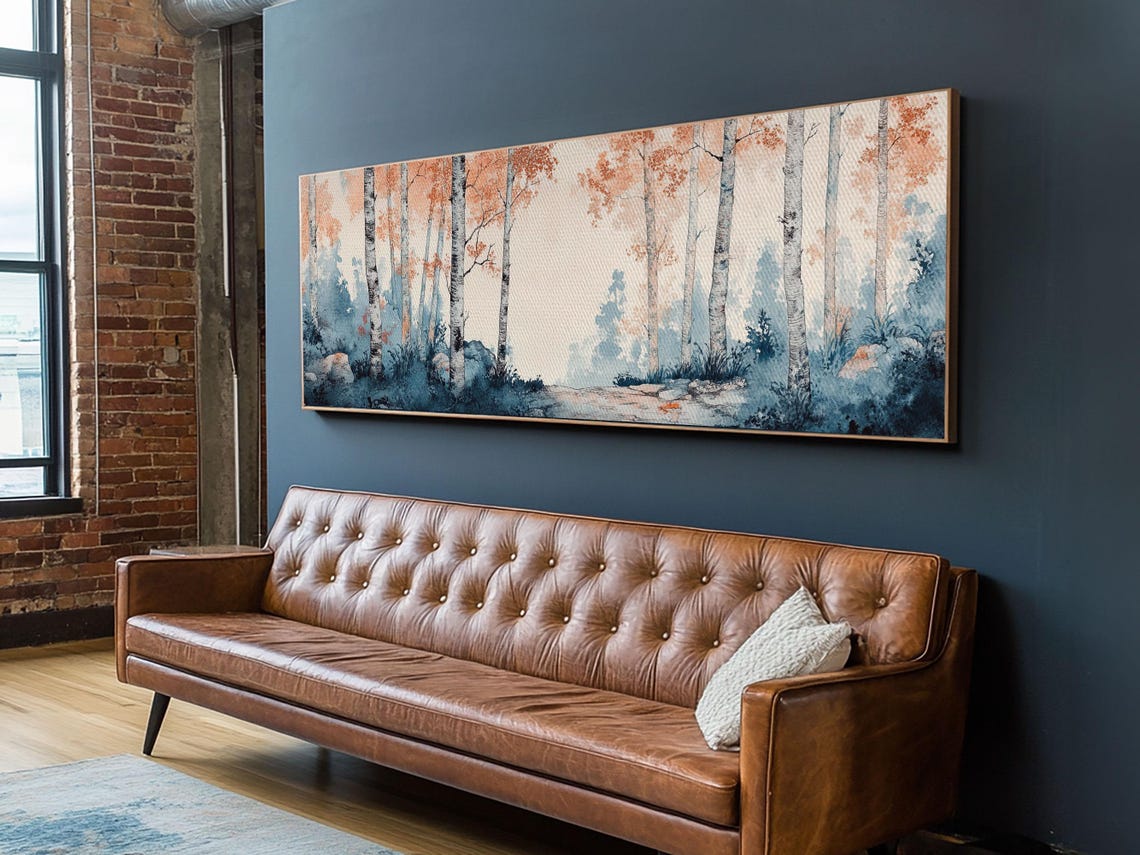 Birch Forest Blue Mist Autumn Watercolor Panoramic Living Wall Poster - Image 4