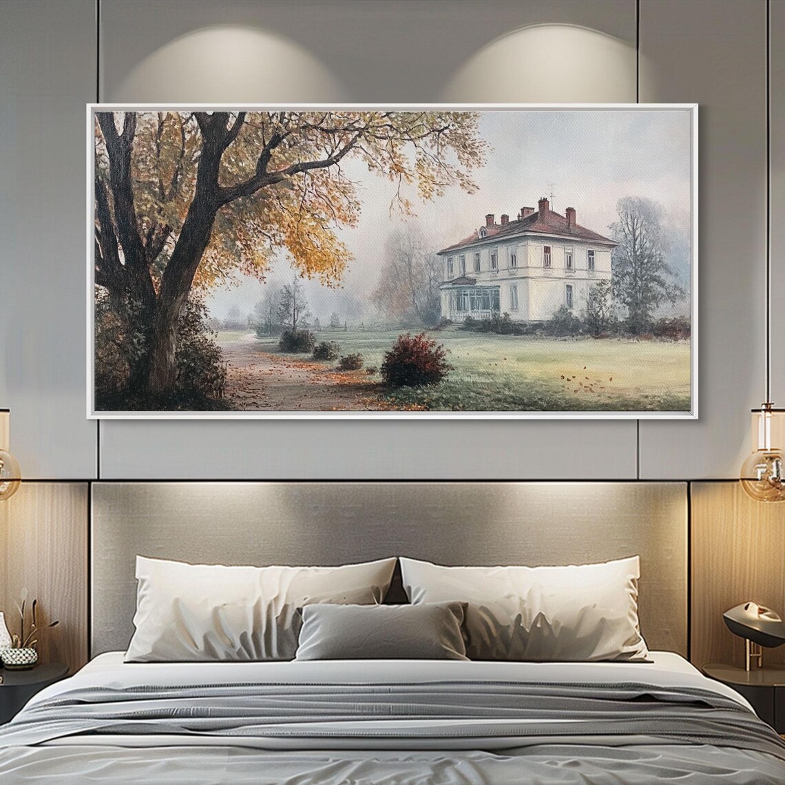 Misty Autumn Manor House White Farmhouse Foggy Fall Estate Poster