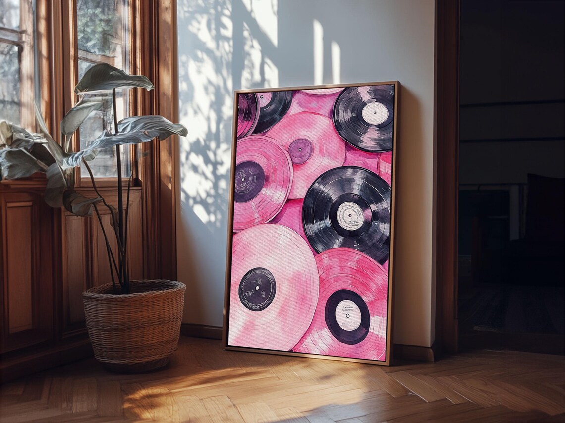 Pink And Purple Vinyl Records Close-Up Retro Music Wall Art Print - Image 6