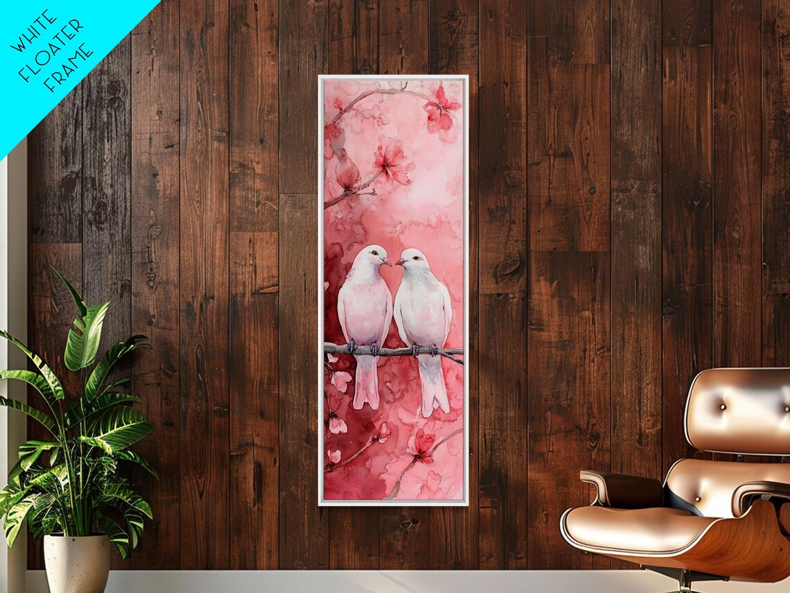 White Lovebirds On Cherry Blossom Branch Pink Romantic Wall Art - Image 5