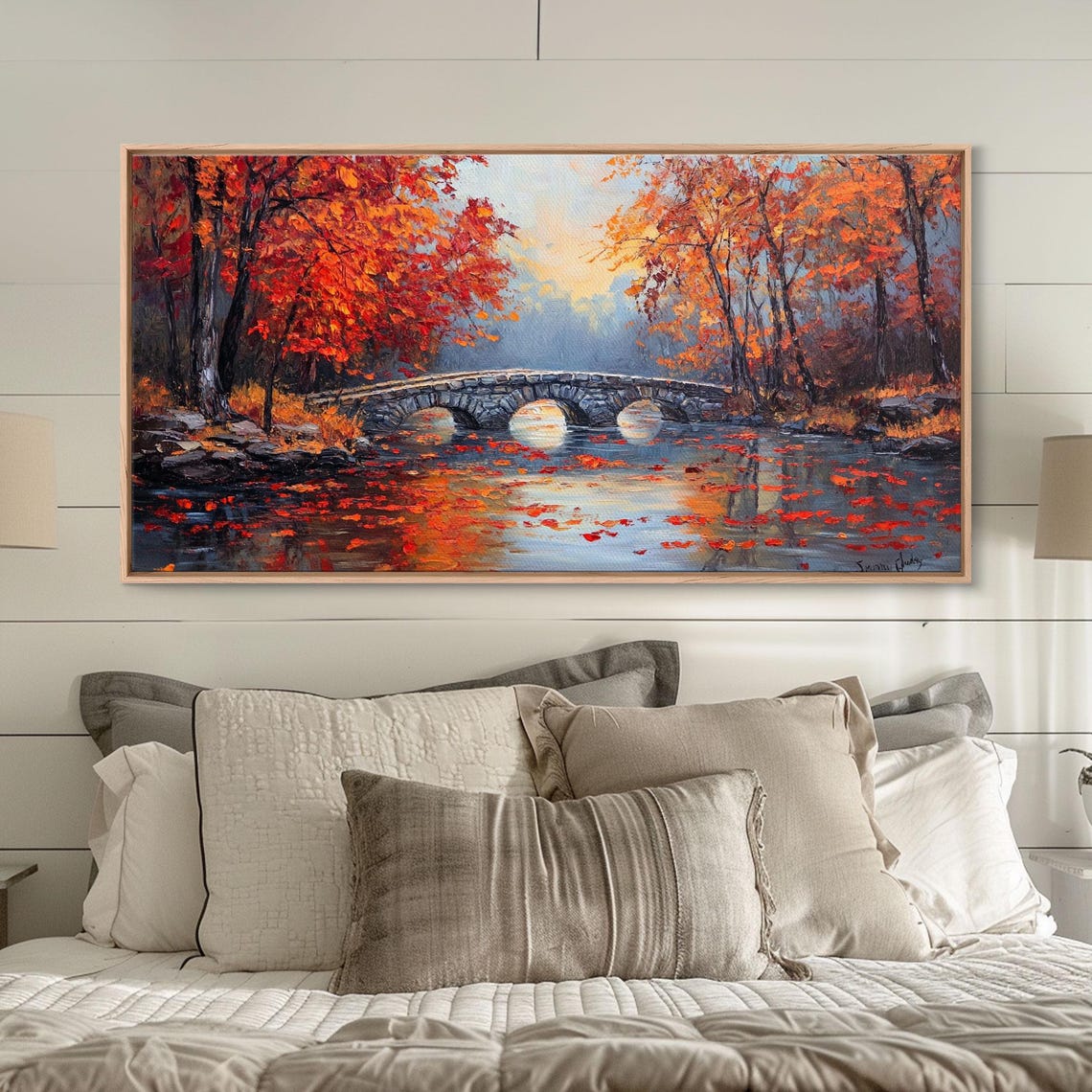Autumn River Stone Bridge Triple Arch Red Trees Impasto Wall Art - Image 4